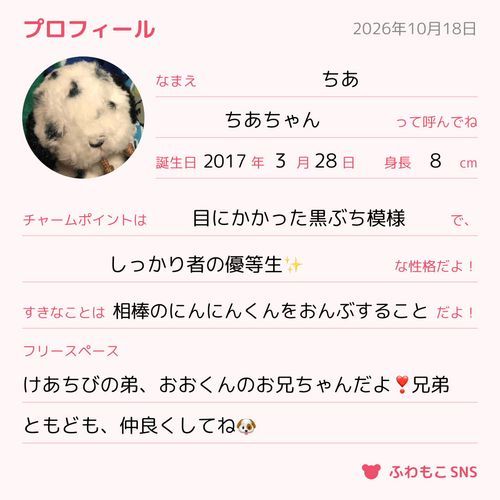 遅くなったけど、ちあもプロフィール作ってみたよ✨
よろしくね🐶💕