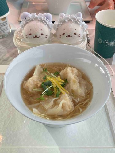 ( ◜ ·̫ ◝ )「サフィール踊り子に乗ってるきゅ。カフェテリアで食べたエビワンタン麺とっても美味しかったきゅ！！」