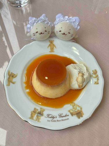 ( ◜ ·̫ ◝ )「伊豆テディベアミュージアム併設のカフェに行ったきゅ。デカプリン本当にでっかくて美味しかったきゅ！」