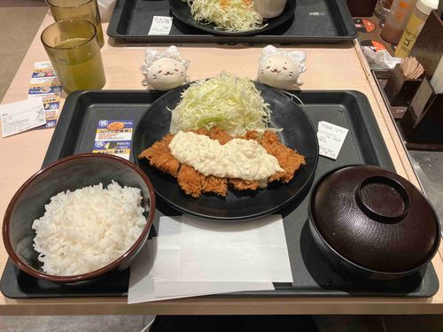 ( ◜ ·̫ ◝ )「タルタルチキンカツ定食を食べたきゅ。タルタルがたっぷりで美味しかったきゅ！」