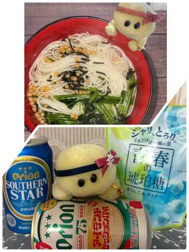 上のは主のお母さんが作ったお茶漬けの素でのアレンジにゅうめん
下はビールはいただきもので　琥珀糖はぽてかめちゃんから教えてもらってセブンで見つけたやつでちゅ🩵💚
琥珀糖の食感…この食感好きでちゅ🐢💕💕
