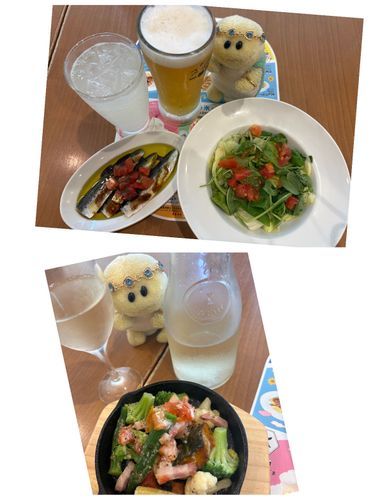 少し前にココスに行ってきまちたよ❣
ビールにレモンサワーにワインを頼みまちた〜😍
お料理もとってもおいちかったでちゅ🍽️🍺🍋🍷
ズッちゃんの頭のやつ　この前ピンクゲットした色違いの水色を見つけたので　またまたゲットしちゃいまちた🩵🐢
