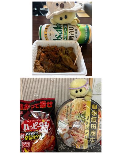 少し前に買って食べたホルモン焼き(上)とセブンでゲットした激辛旨パウダーのハッピーターンと豆乳担々麺のカップ麺でちゅ🍜🐢🍺✨