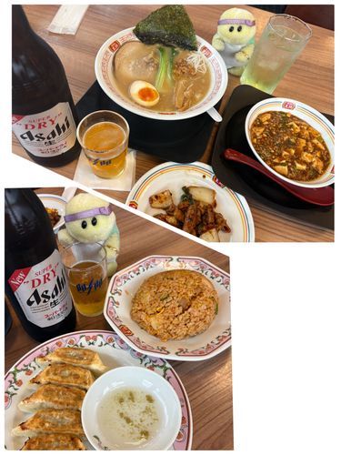 餃子の王将でご飯を食べたときのお写真でちゅよ‼️
この日は主のお母さん　お兄ワン　主とズッちゃんで食べに行きまちた🥟🍺🐢✨
