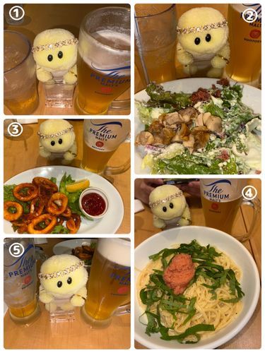 カプリチョーザでお兄ワンも一緒にランチしたときのお写真でちゅ📸

①生ビール(ジョッキ)とソフトドリンク飲み放題のジンジャーエール
②グリルチキンのシーザーサラダ
③イカのリング揚げ
④たらこと大葉のクリームソースパスタ　ダブルサイズ
⑤生ジョッキおかわりでちゅ🍺✨🍺🐢

この時もお腹パンパンになりまちた〜😋👍🏻💕