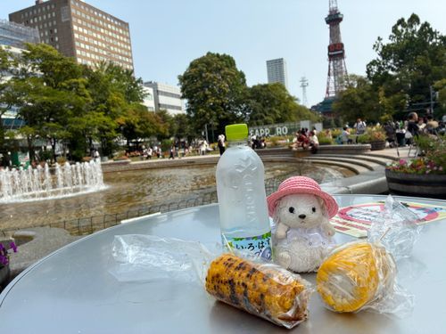 北海道とも今日でお別れポヨ
最後は大通り公園でとうきび🌽を食べたポヨ〜
茹でと焼き選べなかったので、ハーフ＆ハートにしたんだポヨ〜