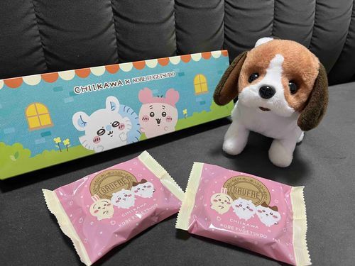 いただきものの ちいかわゴーフルだよ😆かわいすぎる😆💖
はこの おもてめんが さんにんで うらめんが これ！
さっそく しょくごの ティータイムに いただくよ☕️