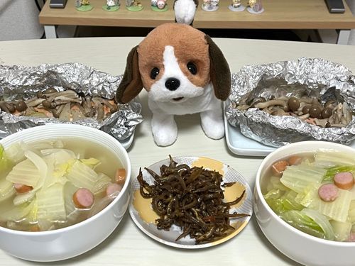 きょうの ばんごはん🥢
まんなかに あるのは かいぬしパパが つくって おくってくれた いかなごの くぎにだよ🐟🫚かいぬしの じもとの きょうどりょうりなんだって！
これが ごはんの おともに なるから、ごはんの おともに ならない しゅさいということで、しゃけのホイルやき🐟🧅🍄‍🟫
いかなご まだまだ あるから ごはんの おともに ならない しゅさいの アイデアを ぼしゅうちゅうなの🤭
