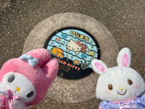 おともだちのメロちゃんと、キティちゃんの　マンホールを　みつけたよ！
