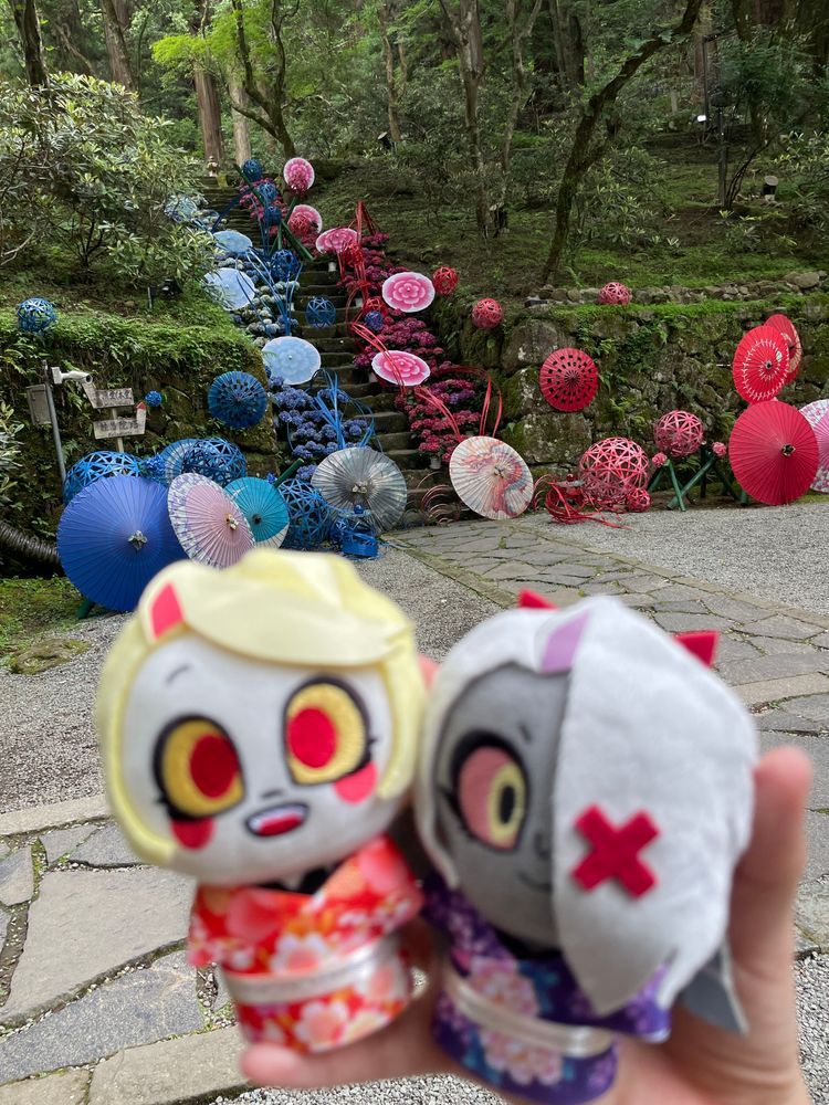 日本にこんな素敵なお花があるなんて！
アジサイ、すっごく綺麗だったわ！それと階段の飾りと日本傘とボールも！
こんな素敵なところに来られて大感激よ！
Byチャーリー

日本は傘やボールも飾りにするんだね
このボールはマリ、って言うんだって
アジサイにもたくさん種類があって、傘やマリも普通のものよりカラフルで、とっても素敵だったよ
Byヴァギーちゃん
