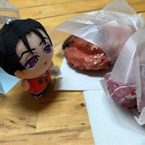 🧡ドーナツ…全部俺の…ダメ？なんで？

最近お迎えしたミニふみやさんとドーナツ✨ JACKINTHE DONUTSって知ってます？　実は食べた事あんまりなくて…以前の投稿でちょっとしたデパ地下みたいな所にお店があって思わず買ってしまった😋😋
期間限定のサンタいちごらしい…