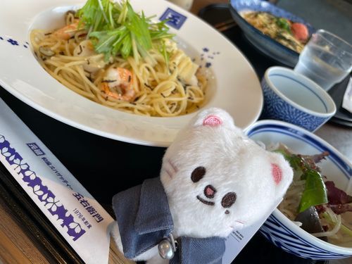 帆立と海老と湯葉のペペロンチーノ 京風だし仕立て