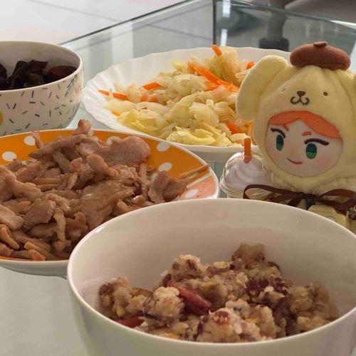 ママが作ってくれたお昼ご飯！めっちゃおいしい〜台湾料理です🇹🇼
鵝賞炒飯、薑絲松阪豬、炒高麗菜、涼拌木耳
2025.08.10
