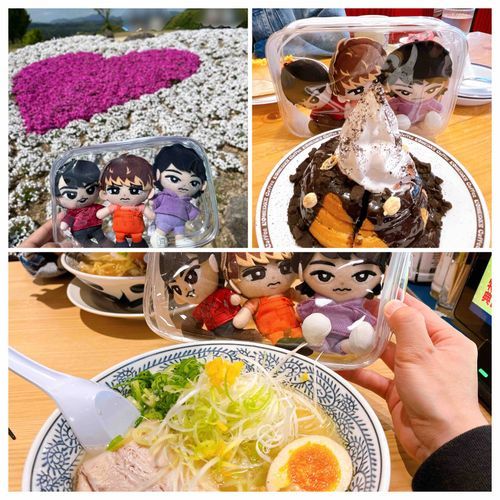 🧡「ここ最近の俺らやで！」
❤️「ぬしさん、芝桜を見に行ったり、ご飯を食べたり、遊びに行く度、楽しかったですね」
💜「また一緒に連れて行ってね、ぬしさん。」