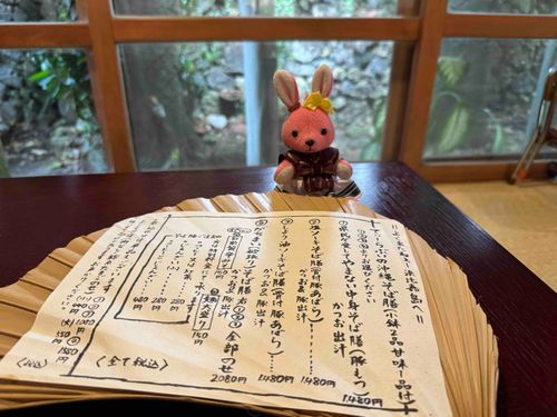 沖縄の古民家ご飯屋さんに来ました。
葉っぱでできたメニューが凄くて、「そーきそば」が有名だそうです。
うさ…ぽーたま推したのに…。
#おでかけうささん