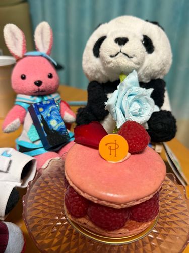 そして、うさカラーのバースデーケーキ🎂でうさもビックリでした💖
おっきなマカロンの間にベリーが挟まっていて、さくさくだけどそんなに甘くなくて美味しかったです🐰💕
ナナさんもお花のプレゼント用意してくれてありがとう🫶