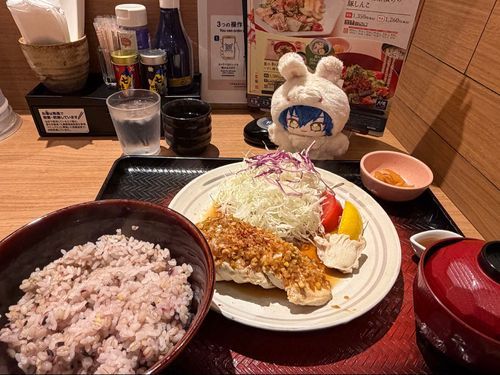 蒸し鶏の定食を食べました🎶プロデューサーがバイトしていた時代はもも肉だったんですけど、今はむね肉になってました🍖