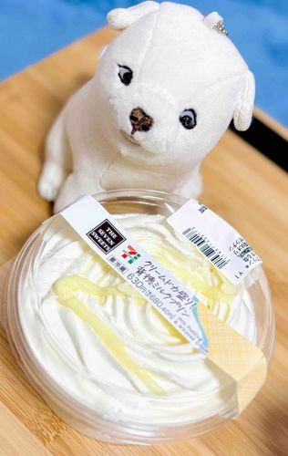 クリームドカ盛り背徳ミルクプリンを見つめるいぬ
