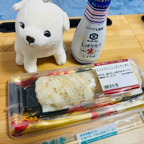 えんがわ炙り押し寿司を見つめるいぬ