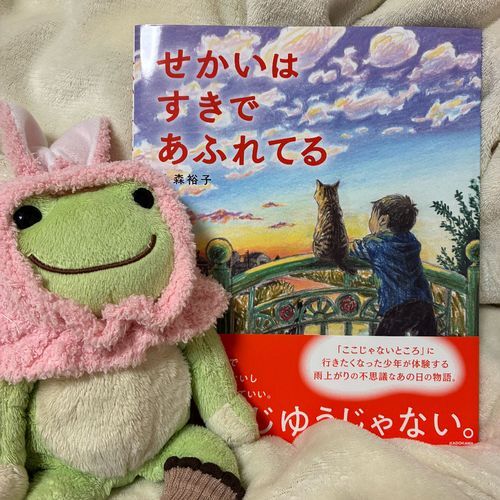主人公の男の子が、やな天気みたいな気持ちがずっと続いていると独白するところから始まるケロ。家のネコちゃんの自由奔放さを見て、「ネコは良いよな」と思ったら……！？と言うお話。
何気ない日常に隠れてる素敵なこと、幸せなことを再確認できる絵本だケロ。夕暮れの絵がとっても綺麗！なんだか気持ちが落ち込んだ日に、改めて読みたい絵本だケロね。

せかいはすきであふれてる
大森裕子