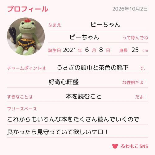 ピーも流行に乗っかって、プロフィール帳を書いてみたケロよ〜！