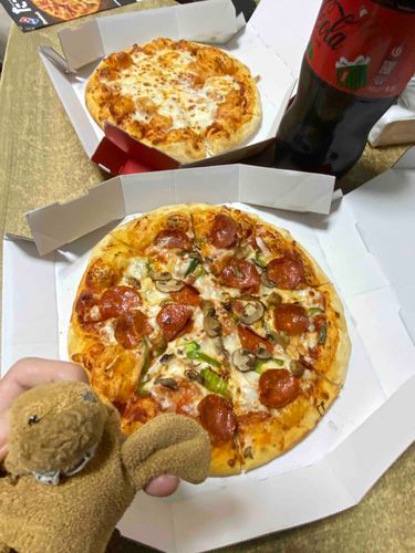きんぐおぶこんとぅのひね パパがピザかってくれたんだよ パーティーみたいだったカボね みたんはあおいろ1ごうがきにいってた