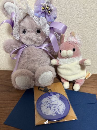 💜🐰きょうは、お姉ちゃんのたんじょーびなの！
🍑🐰お仕事のせんぱいにプレゼントもらったんだって♪
💜🍑🐰お姉ちゃん！おめでとう！