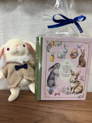 🤍🐰お友だちにいただいた、キャンディの入ったうさぎブック缶🐇お店で見てすぐにお姉ちゃんが思い浮かんだんだって♪かわいいねぇ✨