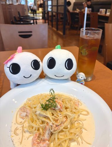 なみすけくんとナミーちゃんとお友達になれました！
一緒にパスタを食べましたよ🍝アップルティーで乾杯です🥂