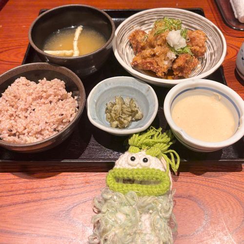 もらったポイントを使って478円ランチ🍱とろろおいしかった♪玄米も久しぶりに食べた🍚✨