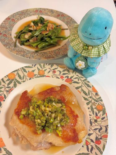 油淋鶏、空芯菜にんにく炒め🧑‍🍳