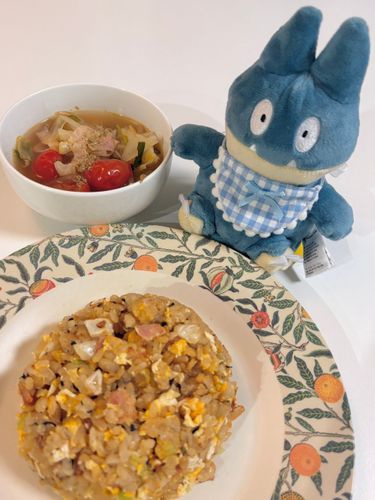 冷凍したひじきおにぎりをチャーハンにしてみた🧑‍🍳
ギリギリのニラもやしトマトキャベツもスープに🍲🪄