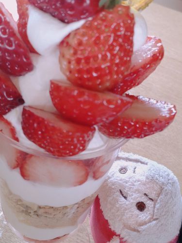 お詫びにパフェの一口目をもらったようです🍓
ご機嫌がなおって何より
