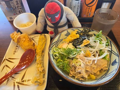 ながたびは　7じかんかけて　ぶじにおわった　トレーナーは　のんびりしている
これは　そのまえのひ　げんきをつけようと　まるがめせいめんの　うどんをたべた
たべくらべで　あったかいめんも　もらえたぞ　おいしかったな