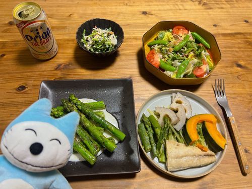 産直で買った朝採りアスパラメインの野菜ごはんだよ〜
