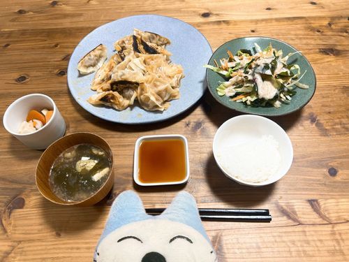 ひっくり返すのを失敗した餃子だよ〜