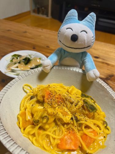 かぼちゃのシチューパスタだよ〜