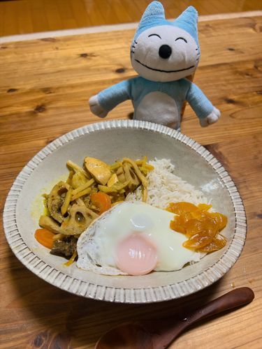 6種か7種くらいのスパイスを効かせたねこづくりココナッツチキンカレーだよ〜