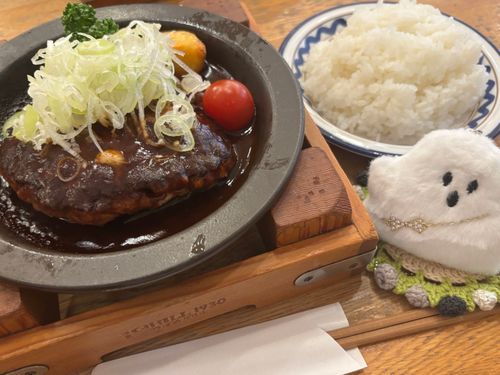 ひさしぶりの　はんばーぐ！
ごはん　おおもり　たべちゃった！
そーすが　こくて　おいしかったから　いっぱいたべられたよ！