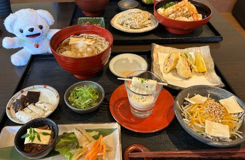お蕎麦屋さんにて、湯葉御膳の中から
自分が食べれるおかずはないかと偵察するファーファ（後でお昆布の佃煮で、満足しておりました）