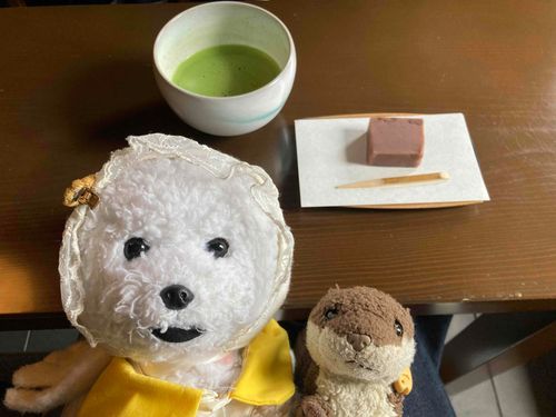 この前飲んだまっちゃと、あずきをねって作ったおちゃがしです！
まっちゃは大人なお味でした！