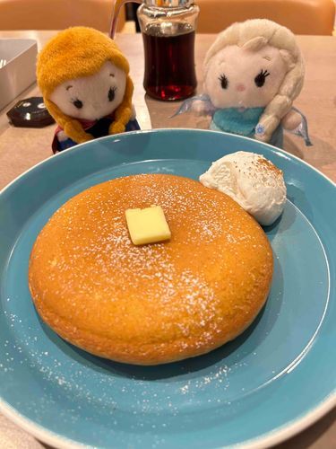 みて、あるカフェでみつけたおおきなパンケーキよ！
ふわふわしていてチーズのあじがするの。
しろいこなはわたしのまほうのこなゆき…ではなくて、こなざとうよ！うふふ。
アナといっしょにおいしくいただいたわ。