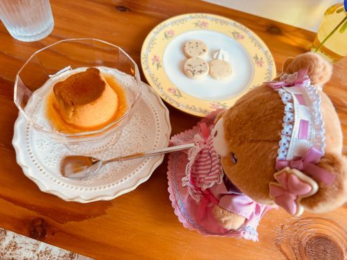 🧸こぐです。おめあてのカフェが えいぎょうしていなかったけど きゅうきょたちよったカフェで くまちゃんプリン🍮を いただきました❣️おもわぬ よきであい だね！