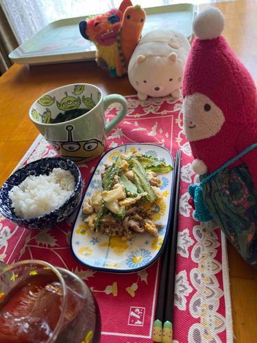 おは♡もーさんです。おかあさんなつばてしないようにゴーヤチャンプルもどきつくったよ。いっしょにたべよ。と5にんでたべる。いただきます☺️