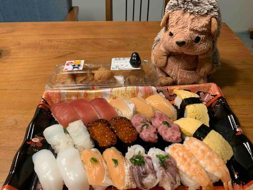 今日はスーパーでお寿司買ってきましたよ🍣たまにはご飯楽したいって人間が言ってましたが、僕は大賛成ですよ🩷明日はピザでも買ってきてくれないですかね？🍕