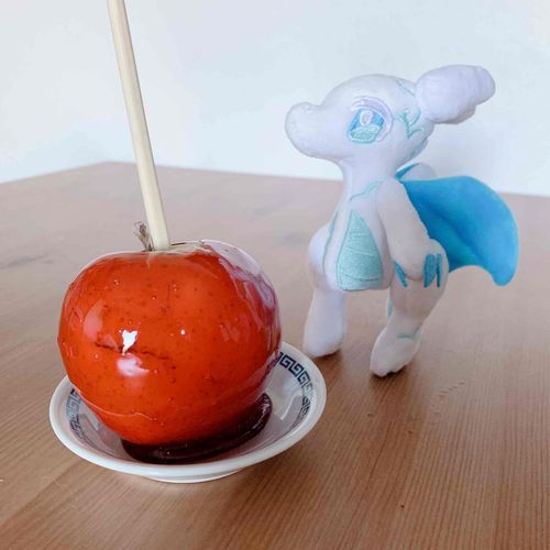 昨日はおまつりに行ってきたよ！食べきれなかったりんごあめを今日たべてる…🍎