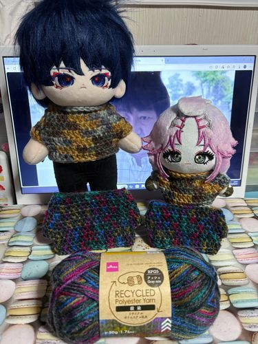 タートルネックぬいセーター4色目🧶🪡
使った毛糸：ダイソー リサイクルポリエステル毛糸 アッシュ

段染めの色の幅？が短いからかめちゃくちゃカラフルな色合いのぬいセーター出来た🌈✨
ひちゃまるに着てもらうの楽しみ‪ꔛ‬