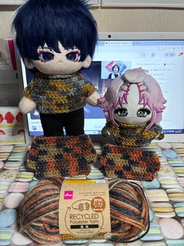 タートルネックぬいセーター5色目🧶🪡
使った毛糸：ダイソー リサイクルポリエステル毛糸 オータムリーフ

名前のとおり秋っぽいのと、なんか焼き魚みたいで実に可愛い色合い🐟🐟