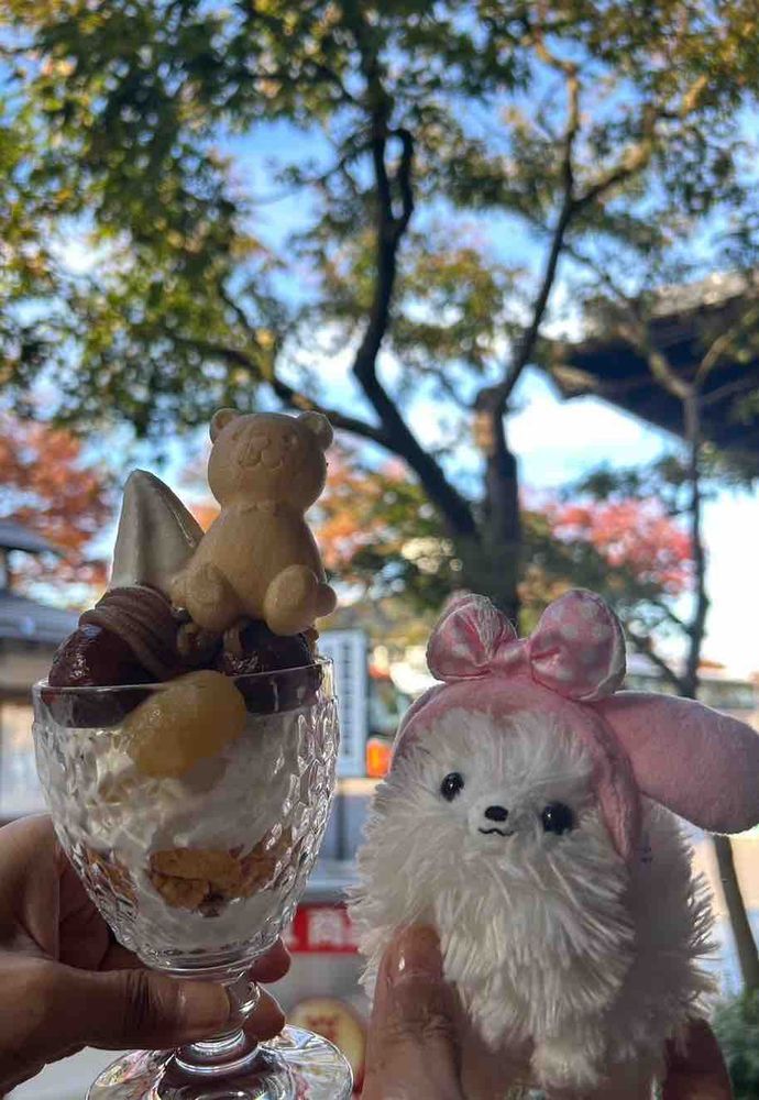 ２日目は小布施行って🌰三昧‼️🌰おこわはホクホク甘甘でうましっ😋マロンづくしパフェはくまさんモナカがついてたのでアイスをディップしてペロリ、うましっ😋マンホール長野だけに🍎〜