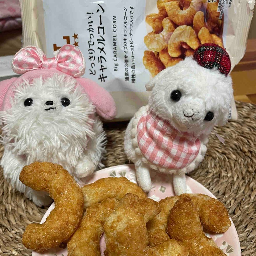 これは主がハピバの時のケーキ🎂！🧸さん、どこから攻めようか狙ってる面々…🍓ケーキは主の物‼️僕らのお菓子はコレ！ローソンのキャラメルコーンだぞ！デカさに驚愕😳